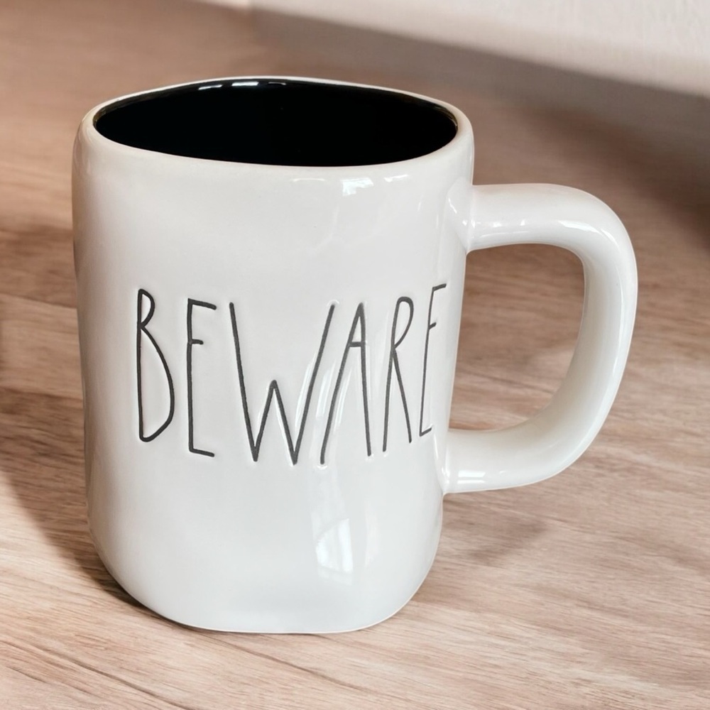 Rae Dunn White 'Beware' Mug-Black Inside-16 ounce-Dishwasher Safe